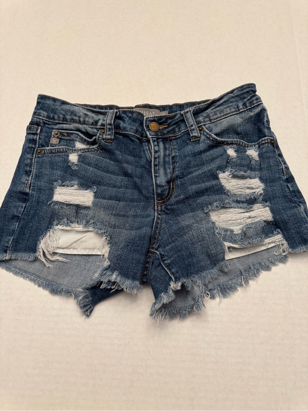 Just USA Dark Blue Distressed Frayed Hem Jean Shorts
